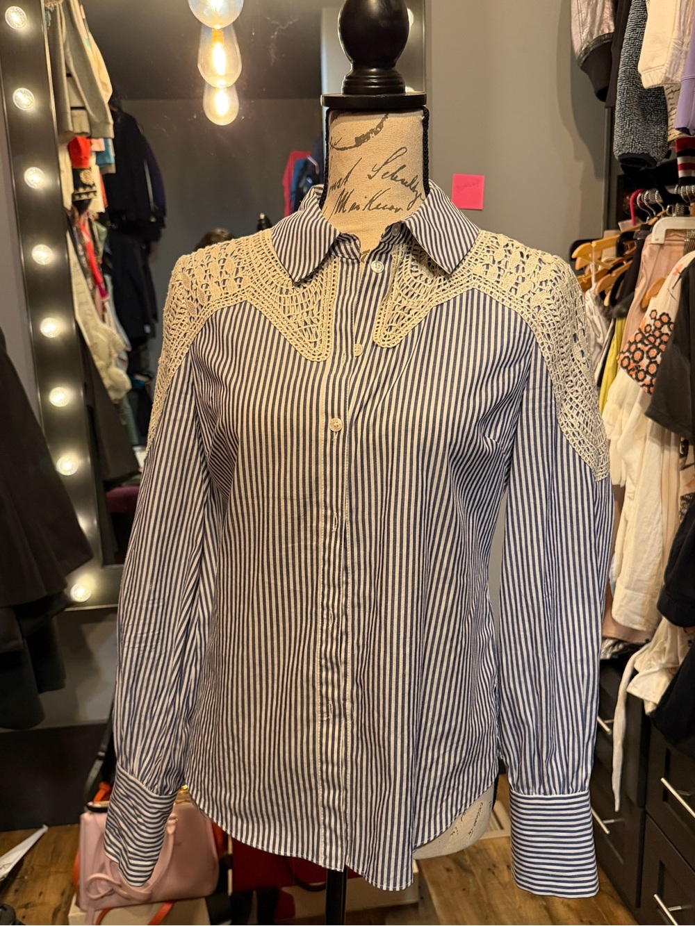 Veronica Beard: Striped Button-Up Shirt with Crochet Yoke